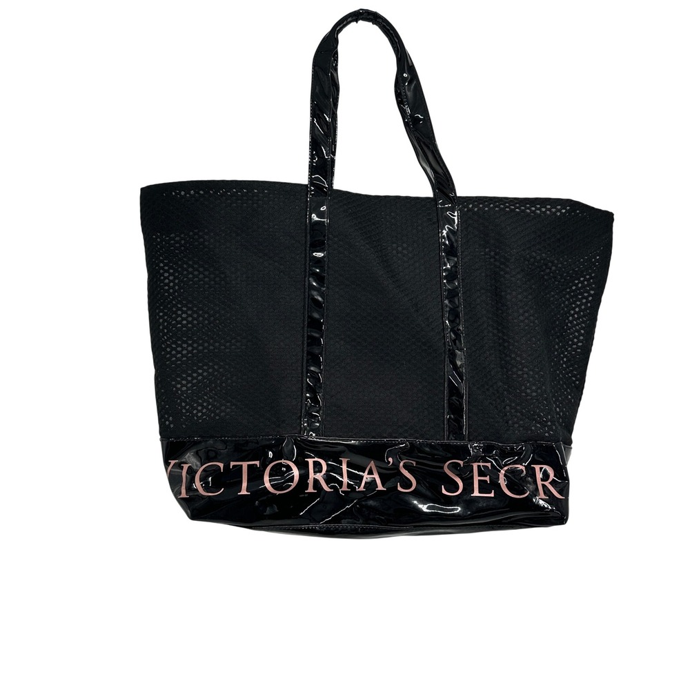 Victoria's Secret Black Mesh Tote Bag Patent Leather Trim Pink Logo Beach Gym XL